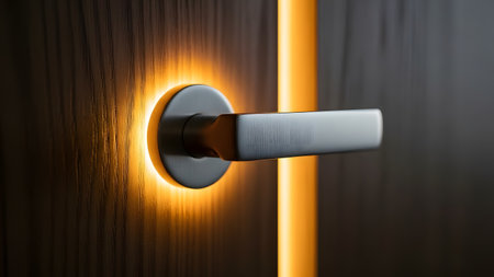 A sleek, silver door handle on a dark wooden door is dramatically illuminated by a vertical strip of warm amber light. The modern architectural detail emphasizes safety, style, and contemporary interior design.の素材