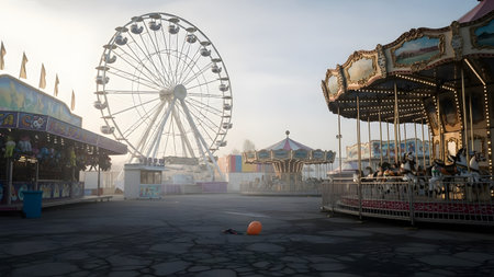 A desolate amusement park scene featuring a large Ferris wheel and a carousel under a hazy, overcast sky. The empty fairground conveys a sense of nostalgia and quiet stillness, contrasting with the usual excitement of such places.の素材