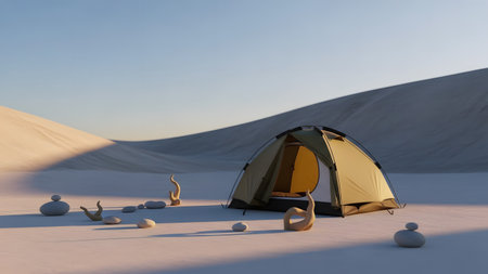 A solitary camping tent pitched on expansive white sand dunes under a clear blue sky. Artistic driftwood pieces and stones are scattered nearby, creating a serene and minimalist scene of desert adventure.の素材