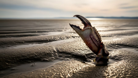 A single crab claw protruding from the wet sand on a beach at low tide. The low-angle shot against a blurred horizon emphasizes the marine environment and wildlife detail.の素材