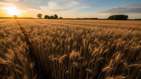 A vast golden wheat field stretches towards the horizon under a glowing sunset, with silhouetted trees and a farmhouse in the distance. The warm light creates a peaceful rural atmosphere, ideal for agricultural themes.の素材