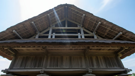 A low-angle view of a traditional wooden building with a thick thatched roof against a blue sky. The intricate timber framing and historic architectural style reflect cultural heritage and rural craftsmanship.の素材