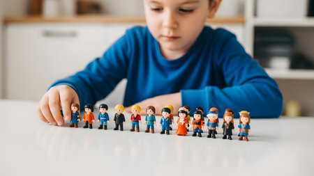 A young boy plays with a row of small, colorful toy figures on a white table. He is focused and engaged, representing childhood imagination, early education, and creative play in an indoor setting.の素材