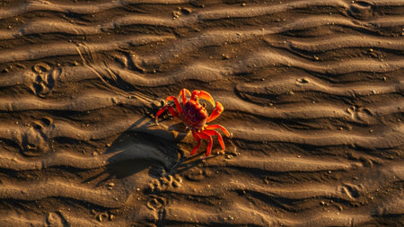 A bright red crab walks across a wet sandy beach marked by natural ripples and textures. The warm, low-angle sunlight casts a long shadow, highlighting the crustacean's vibrant color against the golden-brown sand.の素材