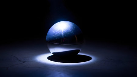 A polished metal sphere illuminated by a dramatic blue spotlight against a dark background. The image features strong contrast and reflections, suitable for abstract, technological, or futuristic concepts.の素材