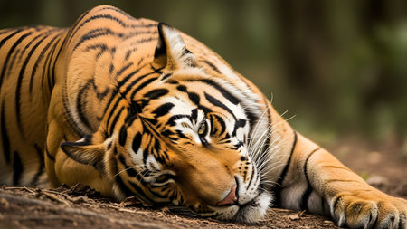 A captivating close-up portrait of a tiger resting its head on the ground. The intense gaze and detailed fur texture highlight the beauty and power of this majestic big cat.の素材