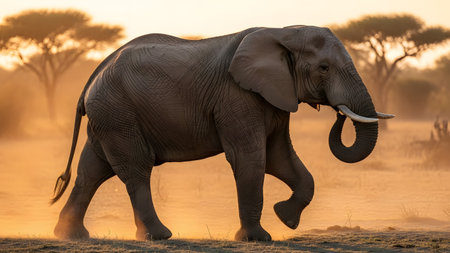 A large African elephant walks in profile across the savanna during the golden hour, with dust rising around its feet. The warm sunset light illuminates the animal's wrinkled skin and tusks against a backdrop of acacia trees.の素材