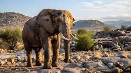 A large African elephant stands majestically on rocky terrain within a savanna landscape. The scene is bathed in natural sunlight, emphasizing the texture of the elephant's skin and the rugged environment.の素材