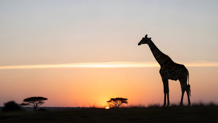 A striking silhouette of a giraffe standing against a vibrant sunset sky in Africa. The dark outline of the animal and acacia trees creates a classic and dramatic safari landscape scene.の素材