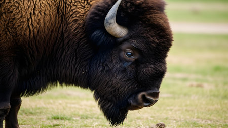 A detailed close-up profile of an American bison's head, showing its thick dark fur, horn, and eye. The image captures the rugged and powerful nature of this large herbivore.の素材
