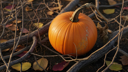 A ripe, bright orange pumpkin rests on the dark earth, surrounded by tangled dry branches and fallen autumn leaves. The textured skin of the pumpkin and the rugged surroundings create a rustic fall harvest atmosphere.の素材