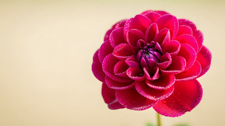 A stunning close-up of a vibrant pink dahlia flower covered in fresh water droplets. The intricate petals are tightly layered, showcasing the natural beauty and delicate texture of the bloom against a soft background.の素材