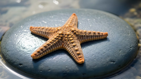 An orange starfish resting on a smooth, wet grey stone near the water. The detailed texture of the sea star contrasts with the smooth surface of the rock.の素材