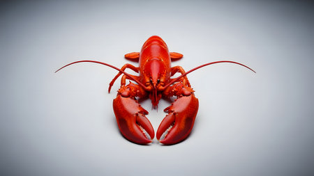 A high-angle studio shot of a whole cooked red lobster isolated against a clean white background. The seafood delicacy showcases its vibrant red shell and large claws, representing gourmet cuisine and fine dining.の素材
