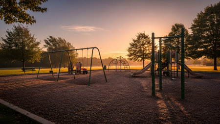 An empty park playground is bathed in the warm, golden light of sunrise, casting long shadows across the wood chips. The swings, slide, and climbing structures stand silent, evoking a sense of peaceful solitude or nostalgia.の素材