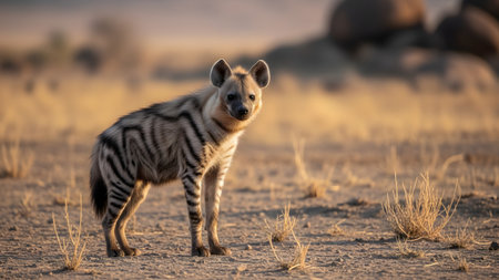 A spotted hyena standing alert in a dry grassy savanna landscape during the golden hour. The wild animal is captured in its natural habitat with soft lighting and a blurred background.の素材