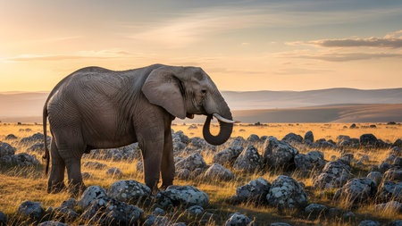African elephant walking through a grassy savanna with rocks during a golden sunset. The majestic animal stands out against the warm sky and vast landscape.の素材