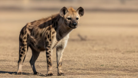 A detailed portrait of a spotted hyena standing alert in a dry grassy field of the African savanna. The wild carnivore gazes intently to the side, showcasing its characteristic spotted fur and rounded ears under natural daylight.の素材