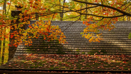 A rustic wooden roof covered with moss and fallen colorful autumn leaves. A stone chimney stands beside the roof, framed by vibrant fall foliage in the background.の素材