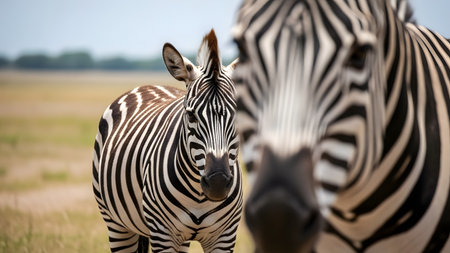 A close-up portrait of a zebra staring directly at the camera with another zebra blurred in the foreground. They are standing in an open savanna environment under bright daylight, highlighting their distinctive black and white stripes.の素材