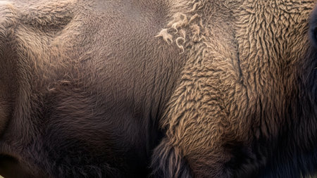A highly detailed close-up texture of thick, brown animal fur, resembling the coat of a bison or buffalo. The dense, woolly hair creates an organic pattern with subtle variations in color and lighting.の素材