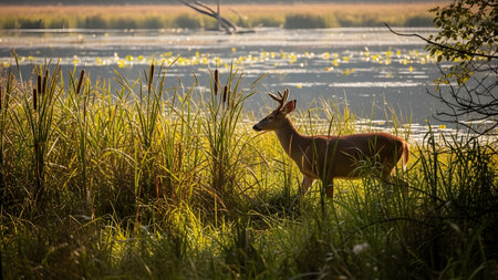 A majestic white-tailed deer buck with antlers stands alert among tall reeds and grasses at the edge of a lake. The scene is bathed in golden morning light, highlighting the peaceful wetland environment and natural wildlife habitat.の素材