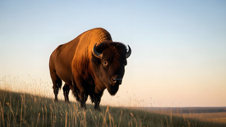 A majestic American Bison stands proudly on a grassy hill, illuminated by the warm, golden light of the setting sun. The detailed fur texture and powerful stance of the animal capture the spirit of the wild plains.の素材