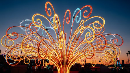 A large, intricate light sculpture featuring swirling patterns of yellow, blue, and red LEDs glows against a twilight sky. The decorative installation creates a magical atmosphere, likely at a festival, amusement park, or holiday event.の素材