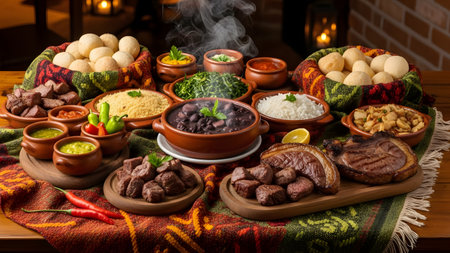 A lavish spread of traditional Brazilian cuisine features a central clay pot of black bean stew (feijoada) surrounded by sides like rice, farofa, kale, and cheese bread. The rustic setting with colorful textiles and warm lighting highlights the rich culinary heritage of the meal.の素材
