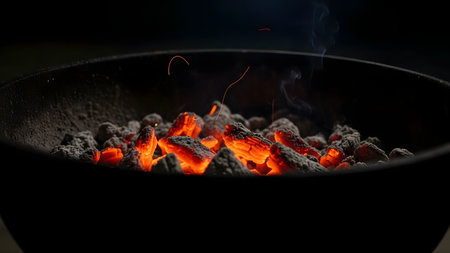 A pile of glowing hot charcoal embers sitting in a dark grill bowl, emitting sparks and heat. The low-key lighting emphasizes the red and orange hues of the burning fuel.の素材