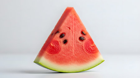 A fresh, triangular slice of red watermelon with black seeds stands upright against a clean white background. The fruit looks juicy and ripe, representing healthy summer snacking and refreshment.の素材