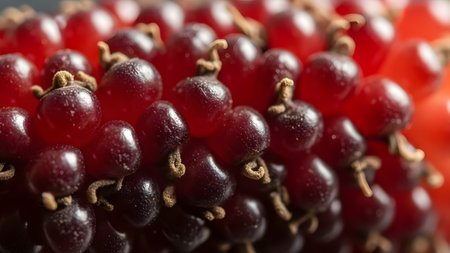 An extreme macro close-up of the surface of a red mulberry, showing the individual glossy drupelets and tiny hairs. The detailed texture shot highlights the organic structure and freshness of the berry.の素材