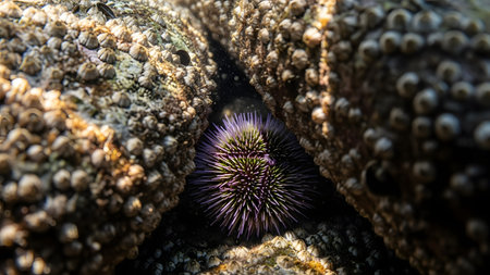 A vibrant purple sea urchin is nestled deep within a crevice of rocks covered in small barnacles underwater. The close-up shot reveals the intricate texture of the urchin's spines and the rugged marine environment.の素材