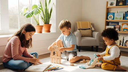 Three diverse children engage in creative play on a carpeted floor in a sunlit room. A girl draws in a book while a boy builds a wooden tower and a toddler plays with a soft toy, representing early childhood learning and friendship.の素材