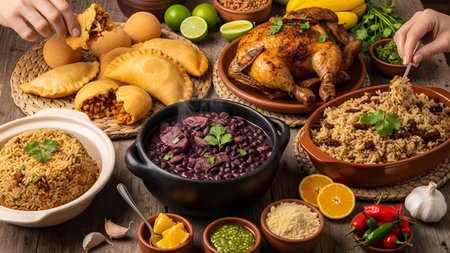 A bountiful table spread features roast chicken, black bean stew, rice, and empanadas, with hands reaching in to serve. The rustic wooden setting and clay bowls emphasize the warmth of a traditional family feast.の素材