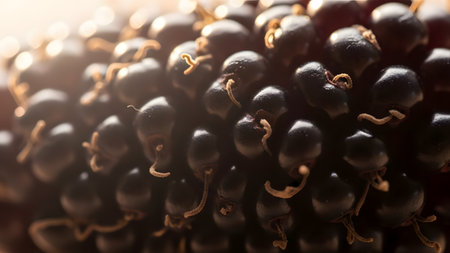 An extreme macro photograph showing the detailed texture of a fresh ripe blackberry fruit. The image captures the individual shiny drupelets and fine hairs on the surface of the dark fruit under soft lighting.の素材