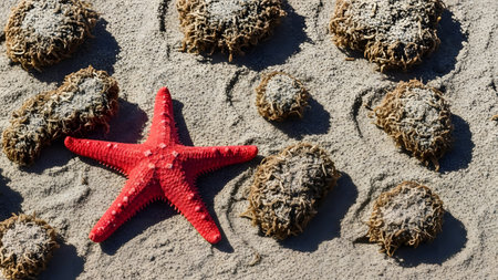 A bright red starfish lies on the textured sand of a beach, surrounded by several dried, brownish sea urchin shells or marine debris. The scene highlights the contrast between the vibrant sea star and the muted tones of the sand.の素材