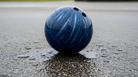 A blue bowling ball with a swirled marble pattern sits on wet, textured pavement. Raindrops cover the shiny surface of the ball, and the wet ground creates subtle reflections, contrasting the sport equipment with an outdoor environment.の素材