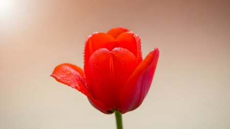 A close-up macro shot of a vibrant red tulip bloom covered in fresh morning dew drops. The flower stands out against a soft blurred beige background symbolizing spring and natural beauty.の素材