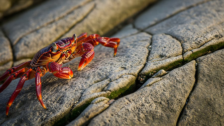 A vibrant red crab crawls across the textured surface of a coastal rock, illuminated by golden sunlight. The detailed close-up highlights the crab's shell patterns and claws against the rugged grey stone background.の素材
