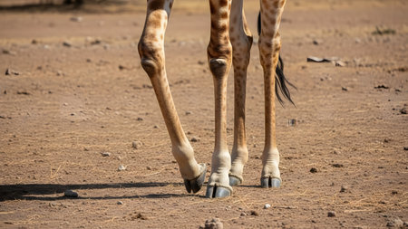 A close-up cropped shot of a giraffe's legs walking across dry savanna ground. The image focuses on the pattern of the fur, the knees, and the hooves, emphasizing the animal's height and anatomy.の素材