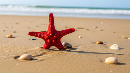 A vibrant red starfish stands vertically in the golden sand of a sunny beach, surrounded by small seashells. The background features soft, rolling ocean waves and a clear blue sky, depicting a perfect summer vacation scene.の素材