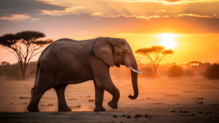 A majestic African elephant walks across the dry savanna plains against a breathtaking golden sunset. The silhouette of acacia trees in the background completes this iconic wildlife safari scene.の素材
