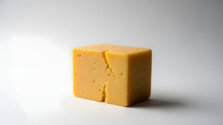 A rectangular block of yellow cheddar cheese sits against a clean white background, featuring a prominent crack running through its center. The studio shot highlights the texture and color of the dairy product.の素材