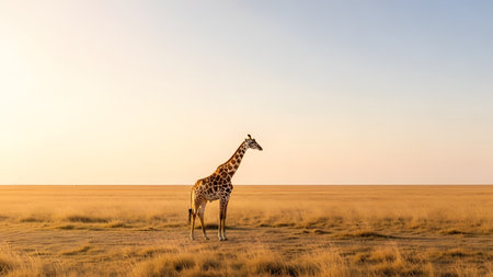 A majestic giraffe stands alone in a vast field of golden grass under a clear, pale sky. The minimalist composition highlights the animal's silhouette against the flat, open horizon of the African savannah.の素材