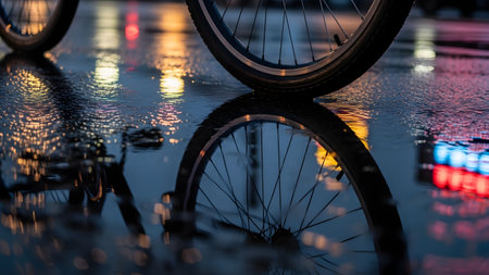 A close-up shot of a bicycle wheel resting on wet asphalt with a clear reflection in a rain puddle. City lights reflect in the water, creating colorful bokeh and an urban rainy night aesthetic.の素材