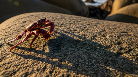 A vibrant red shore crab walks across a textured rock on a beach during the golden hour. The warm sunset light casts long shadows, highlighting the details of the crustacean's shell against the rugged coastal environment.の素材