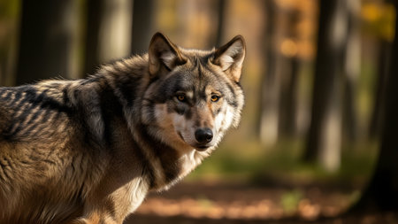 A majestic wolf stands in a blurred forest setting looking back over its shoulder towards the viewer. The sunlight highlights the texture of its fur creating a warm and intense wildlife portrait.の素材