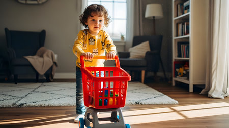 A cute toddler boy with curly hair plays in a sunlit living room, pushing a red plastic toy shopping cart filled with blocks. He looks directly at the camera with a curious expression.の素材