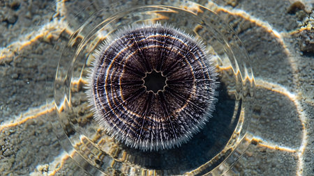 A top-down view of a circular sea urchin shell resting underwater on a sandy bottom. The intricate radial pattern of the spines and the central mouth are clearly visible through the rippling clear water, showcasing marine symmetry.の素材